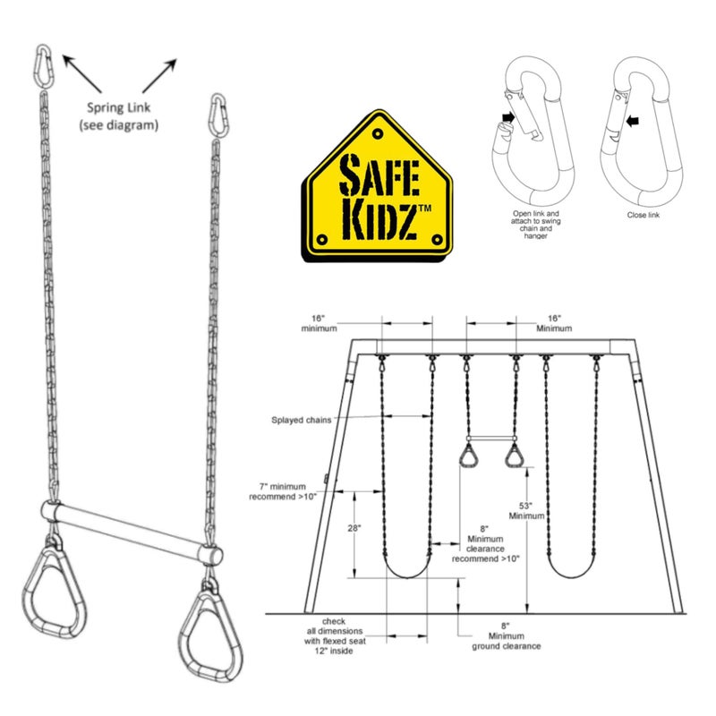 Safe Kidz 18" Trapeze Swing Bar Rings 48" Heavy Duty Chain Swing Set Accessories & Carabiners (Green) - Image 2